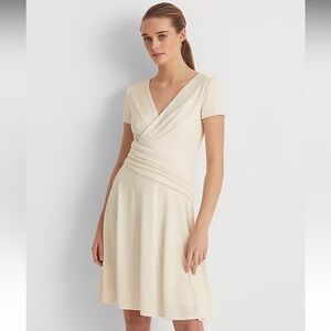 Lauren Ralph Lauren Metallic Jersey Stretch Short Sleeve Cocktail Dress Cream